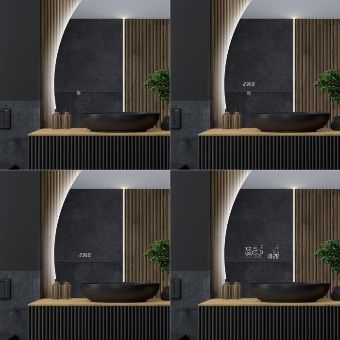 Ekskluzywne lustro półokrągłe z grawerowanym wzorem i wbudowanym zegarem LED.